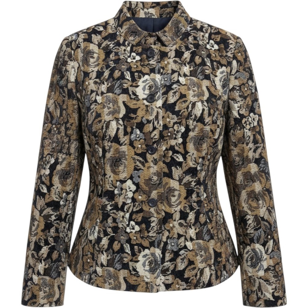 Vintage Dressbarn Tapestry Floral Blazer Jacket Brown Blue Gold Size 14
